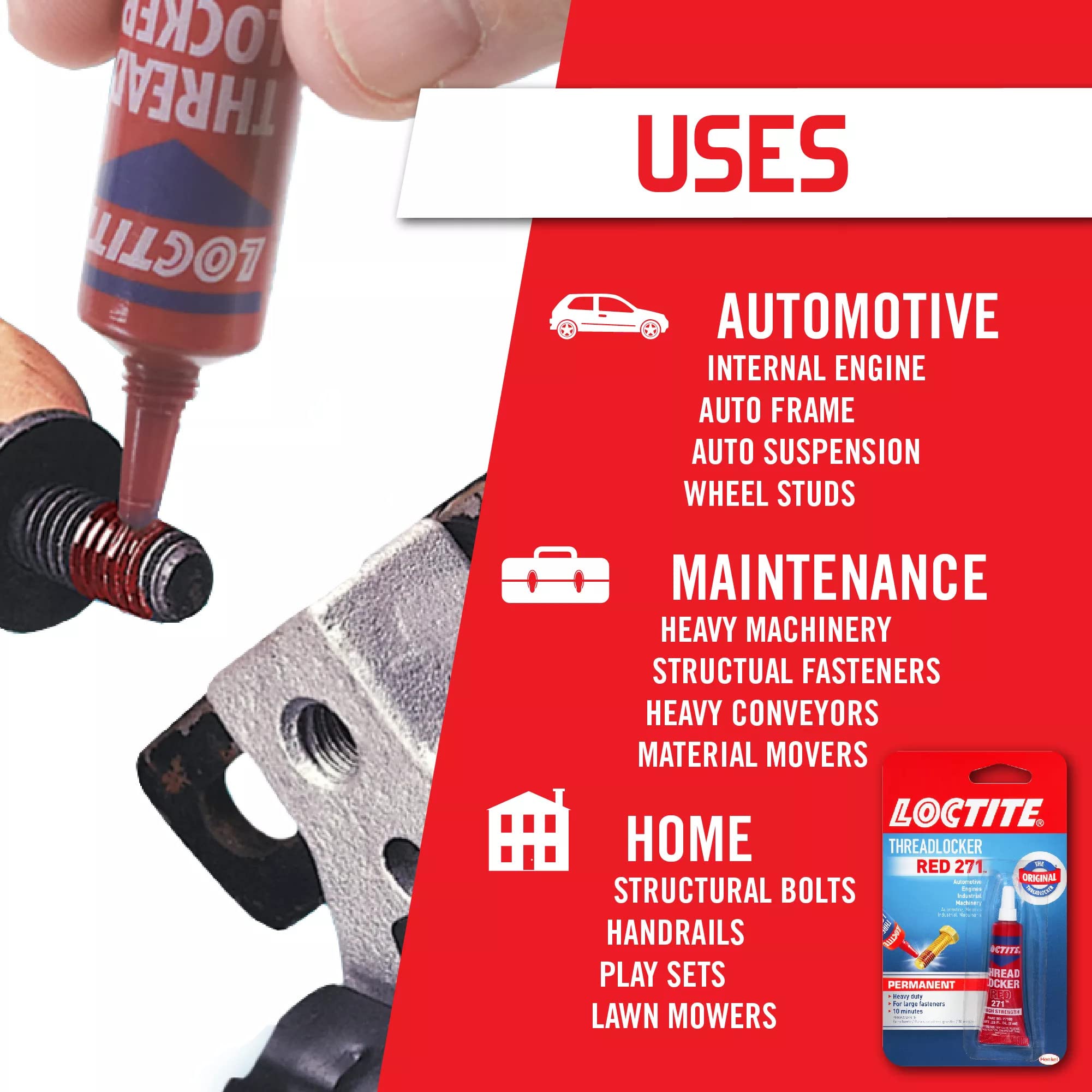 Loctite Threadlocker Red 271 - Permanent Thread Lock Glue for Nuts